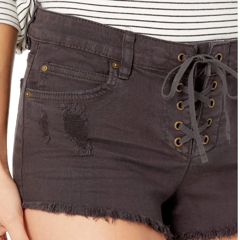 Billabong Lite Hearted Distressed Cut Off Lace Up Denim Jean Shorts Faded Black